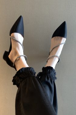 Women's Chunky Heel Rhinestone One-Strap Pointed Toe Shoes - Versatile Korean Style Hollow Design for Spring 2025