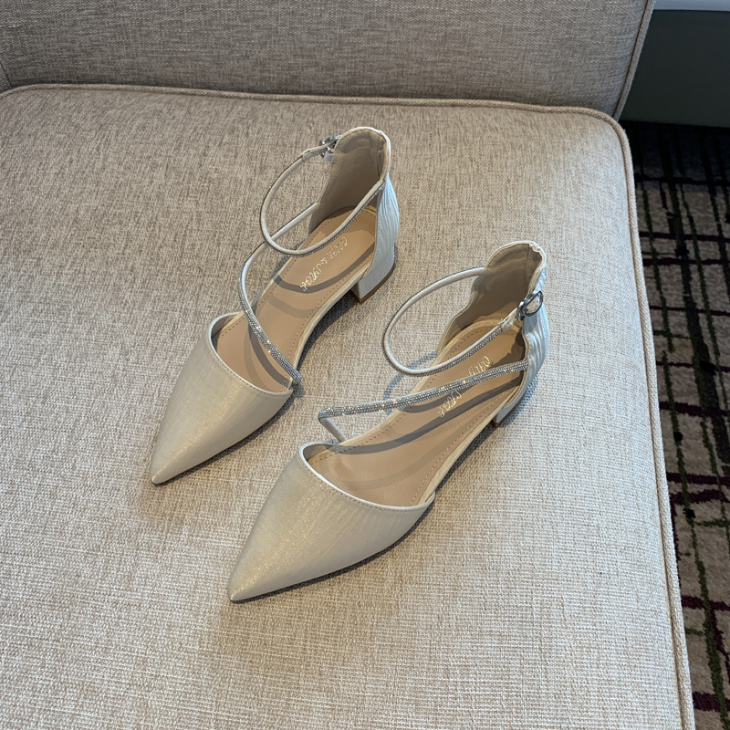 Women's Chunky Heel Rhinestone One-Strap Pointed Toe Shoes - Versatile Korean Style Hollow Design for Spring 2025 Women's Chunky Heel Rhinestone One-Strap Pointed Toe Shoes - Versatile Korean Style Hollow Design for Spring 2025