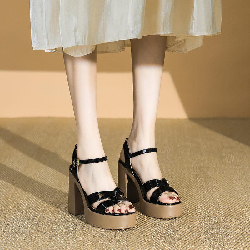 Women's Chunky-Heeled Patent Leather One-Strap Sandals - Summer Thick-Soled Platform Shoes for Comfort and Style 2025 Women's Chunky-Heeled Patent Leather One-Strap Sandals - Summer Thick-Soled Platform Shoes for Comfort and Style 2025