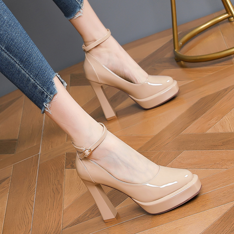 Women's Chunky Heels 10CM Platform One-Strap Flats, Waterproof Spring Autumn Style Women's Chunky Heels 10CM Platform One-Strap Flats, Waterproof Spring Autumn Style