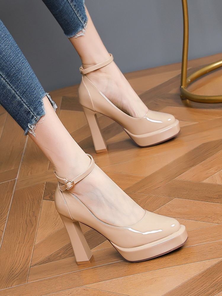 Women's Chunky Heels 10CM Platform One-Strap Flats, Waterproof Spring Autumn Style Women's Chunky Heels 10CM Platform One-Strap Flats, Waterproof Spring Autumn Style