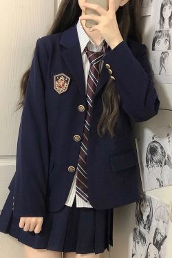 Women's College Style Black Suit Jacket - Dark Blue Three-Button Blazer, Trendy JK Uniform for Female Students