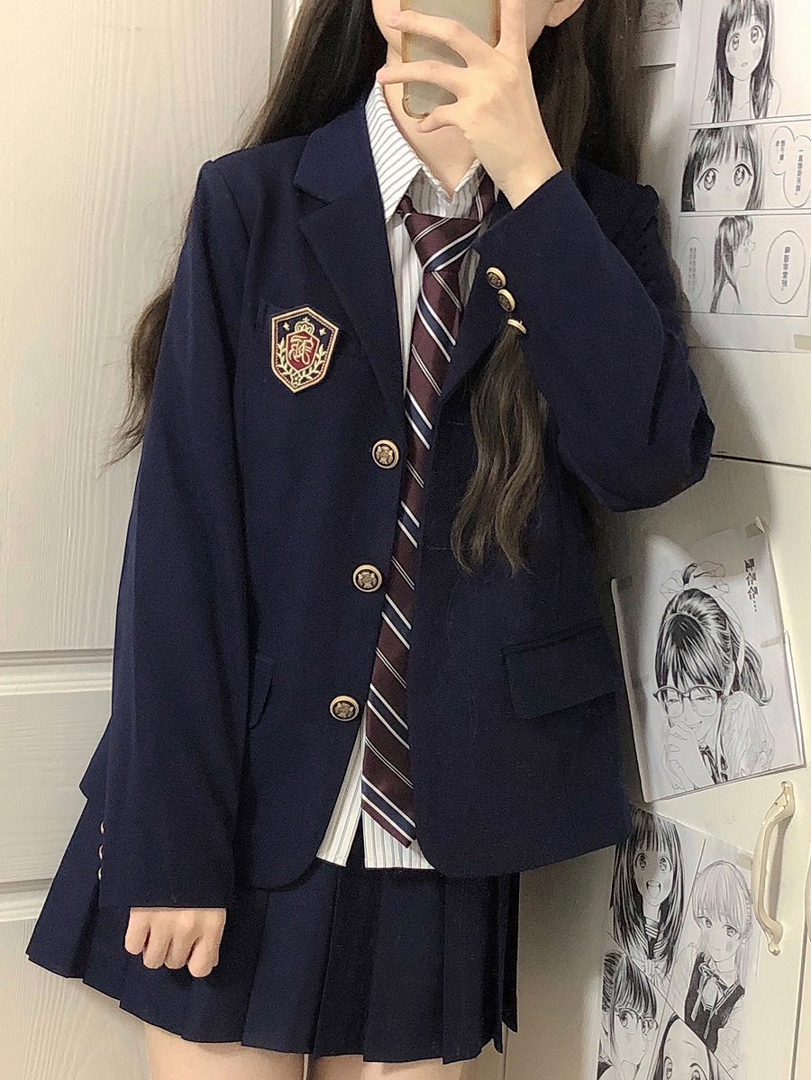 Women's College Style Black Suit Jacket - Dark Blue Three-Button Blazer, Trendy JK Uniform for Female Students Women's College Style Black Suit Jacket - Dark Blue Three-Button Blazer, Trendy JK Uniform for Female Students
