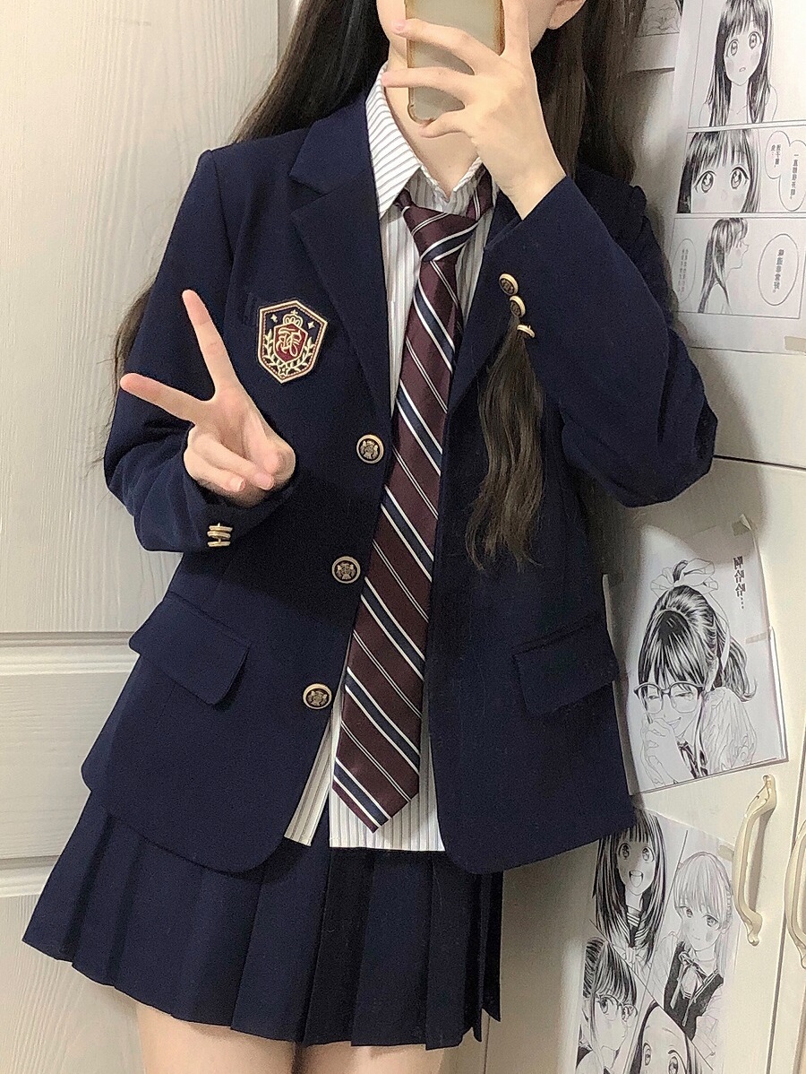 Women's College Style Black Suit Jacket - Dark Blue Three-Button Blazer, Trendy JK Uniform for Female Students Women's College Style Black Suit Jacket - Dark Blue Three-Button Blazer, Trendy JK Uniform for Female Students