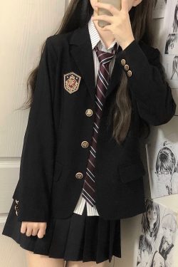 Women's College Style Black Suit Jacket - Dark Blue Three-Button Blazer, Trendy JK Uniform for Female Students