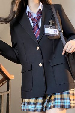 Women's College Style Black Suit Jacket - Dark Blue Three-Button Blazer, Trendy JK Uniform for Female Students