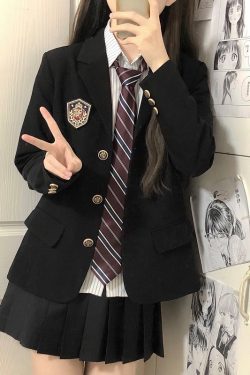 Women's College Style Black Suit Jacket - Dark Blue Three-Button Blazer, Trendy JK Uniform for Female Students