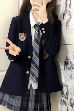 Women's College Style Black Suit Jacket - Dark Blue Three-Button Blazer, Trendy JK Uniform for Female Students