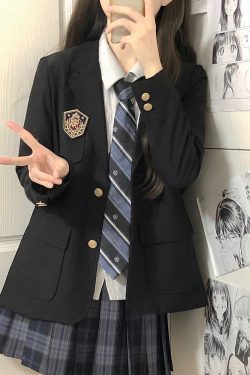 Women's College Style Black Suit Jacket - Dark Blue Three-Button Blazer, Trendy JK Uniform for Female Students