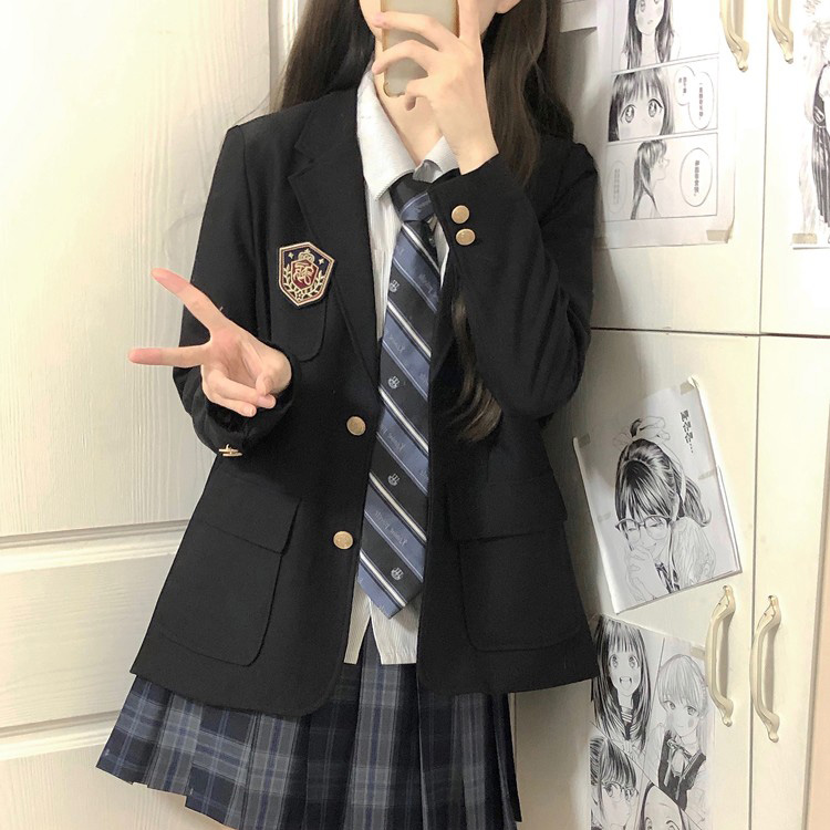Women's College Style Black Suit Jacket - Dark Blue Three-Button Blazer, Trendy JK Uniform for Female Students Women's College Style Black Suit Jacket - Dark Blue Three-Button Blazer, Trendy JK Uniform for Female Students