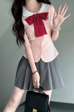 Women's College Style JK Uniform Set - Pudding Bear Original Waist-Defining Short Sleeve Shirt - Summer 2025 Fashion