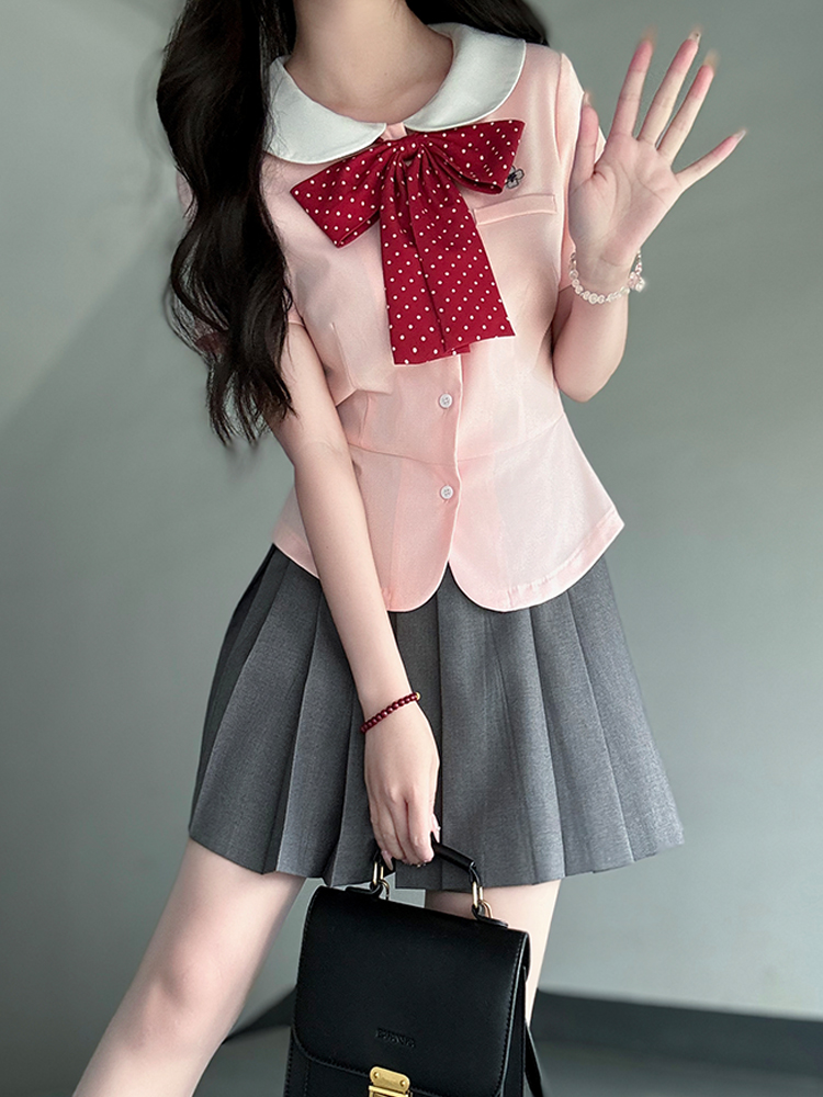 Women's College Style JK Uniform Set - Pudding Bear Original Waist-Defining Short Sleeve Shirt - Summer 2025 Fashion Women's College Style JK Uniform Set - Pudding Bear Original Waist-Defining Short Sleeve Shirt - Summer 2025 Fashion