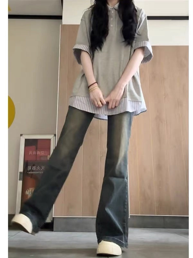 Women's College Style Patchwork Striped Faux Two-Piece Polo Collar Short-Sleeve T-Shirt - Unique Gray Summer Top Women's College Style Patchwork Striped Faux Two-Piece Polo Collar Short-Sleeve T-Shirt - Unique Gray Summer Top