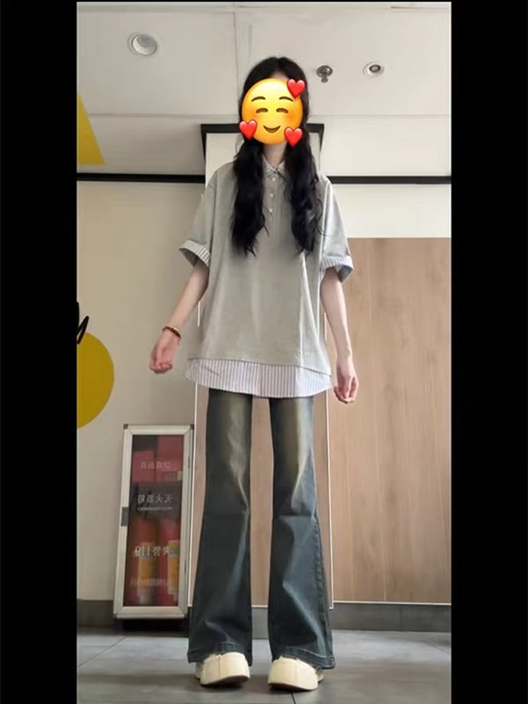 Women's College Style Patchwork Striped Faux Two-Piece Polo Collar Short-Sleeve T-Shirt - Unique Gray Summer Top Women's College Style Patchwork Striped Faux Two-Piece Polo Collar Short-Sleeve T-Shirt - Unique Gray Summer Top