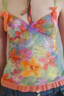 Women's Colorful Floral Mesh Spaghetti Strap Vest - Forest Fairy Summer Bow Top - Y2K Dopamine Aesthetic