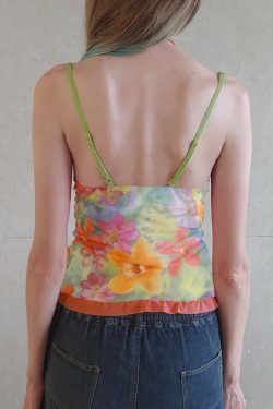 Women's Colorful Floral Mesh Spaghetti Strap Vest - Forest Fairy Summer Bow Top - Y2K Dopamine Aesthetic
