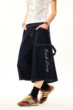 Women's Cross Print Denim Capri Pants - American Deconstructed Loose Wide-Leg Shorts for Casual 90s Y2K Style