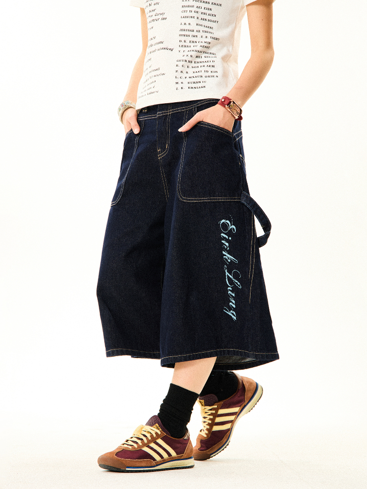 Women's Cross Print Denim Capri Pants - American Deconstructed Loose Wide-Leg Shorts for Casual 90s Y2K Style Women's Cross Print Denim Capri Pants - American Deconstructed Loose Wide-Leg Shorts for Casual 90s Y2K Style