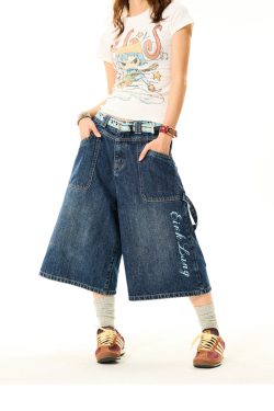 Women's Cross Print Denim Capri Pants - American Deconstructed Loose Wide-Leg Shorts for Casual 90s Y2K Style