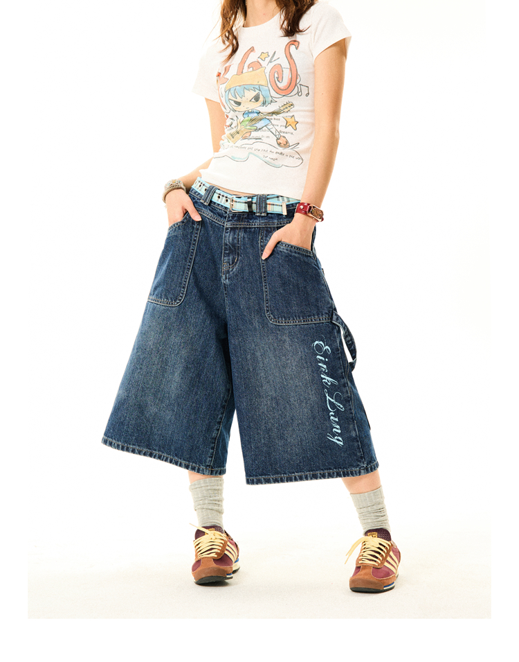 Women's Cross Print Denim Capri Pants - American Deconstructed Loose Wide-Leg Shorts for Casual 90s Y2K Style Women's Cross Print Denim Capri Pants - American Deconstructed Loose Wide-Leg Shorts for Casual 90s Y2K Style