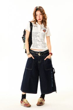 Women's Cross Print Denim Capri Pants - American Deconstructed Loose Wide-Leg Shorts for Casual 90s Y2K Style