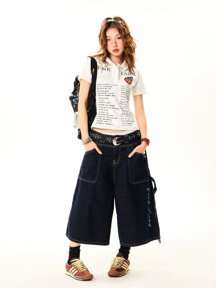 Women's Cross Print Denim Capri Pants - American Deconstructed Loose Wide-Leg Shorts for Casual 90s Y2K Style Women's Cross Print Denim Capri Pants - American Deconstructed Loose Wide-Leg Shorts for Casual 90s Y2K Style