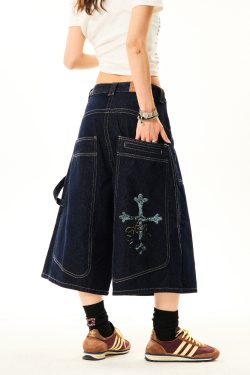Women's Cross Print Denim Capri Pants - American Deconstructed Loose Wide-Leg Shorts for Casual 90s Y2K Style