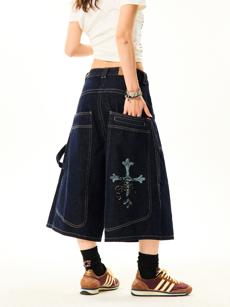 Women's Cross Print Denim Capri Pants - American Deconstructed Loose Wide-Leg Shorts for Casual 90s Y2K Style Women's Cross Print Denim Capri Pants - American Deconstructed Loose Wide-Leg Shorts for Casual 90s Y2K Style