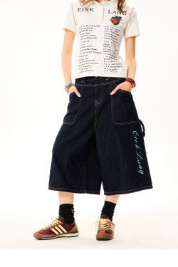 Women's Cross Print Denim Capri Pants - American Deconstructed Loose Wide-Leg Shorts for Casual 90s Y2K Style