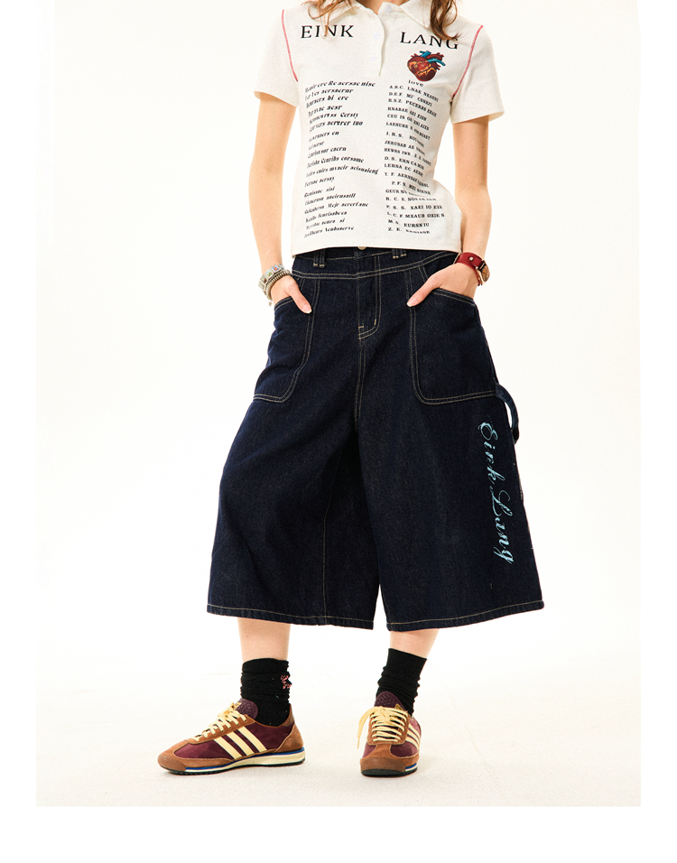 Women's Cross Print Denim Capri Pants - American Deconstructed Loose Wide-Leg Shorts for Casual 90s Y2K Style Women's Cross Print Denim Capri Pants - American Deconstructed Loose Wide-Leg Shorts for Casual 90s Y2K Style