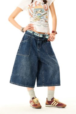Women's Cross Print Denim Capri Pants - American Deconstructed Loose Wide-Leg Shorts for Casual 90s Y2K Style