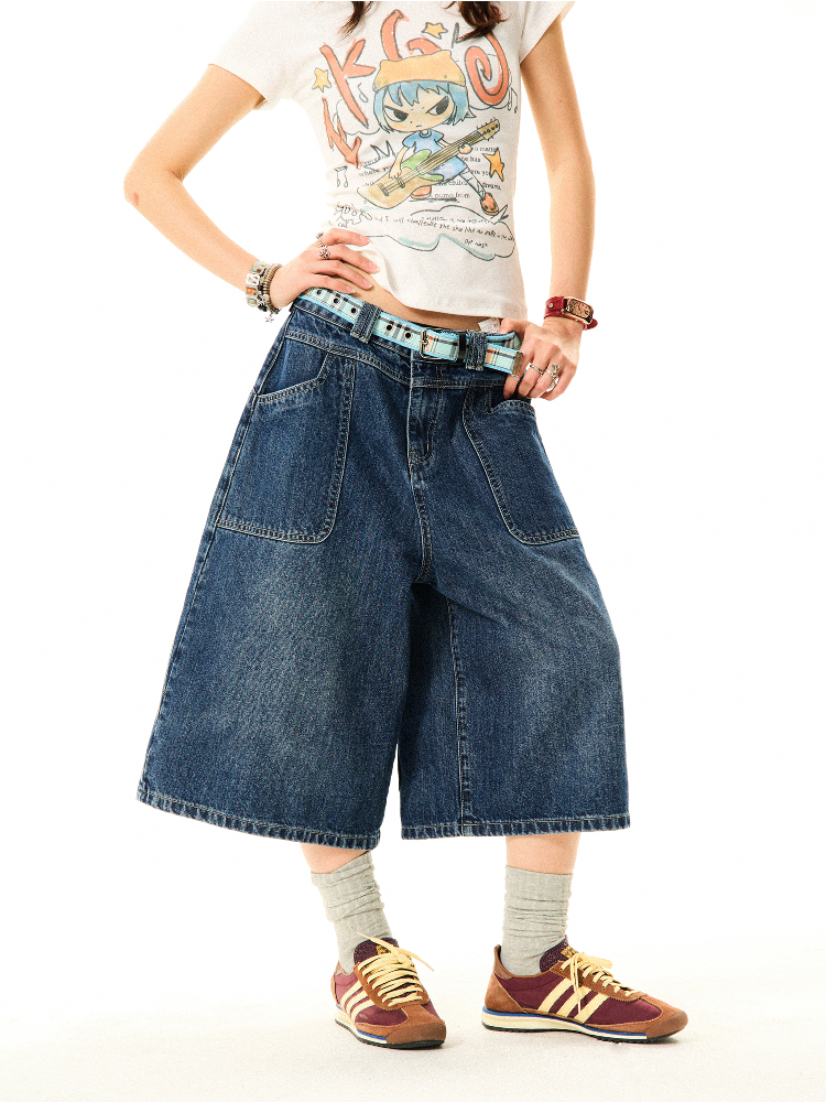 Women's Cross Print Denim Capri Pants - American Deconstructed Loose Wide-Leg Shorts for Casual 90s Y2K Style Women's Cross Print Denim Capri Pants - American Deconstructed Loose Wide-Leg Shorts for Casual 90s Y2K Style