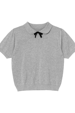Women's Doll Collar Bow Short-Sleeve Knitted Top - Loose Fit Spring/Summer 2025, Cute and Simple Style