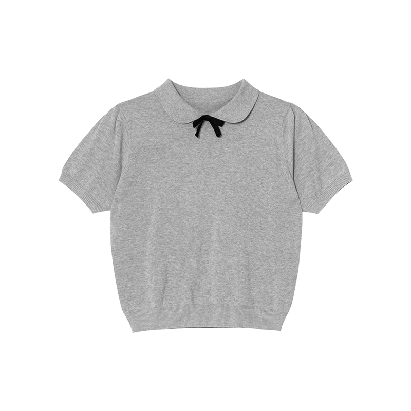 Women's Doll Collar Bow Short-Sleeve Knitted Top - Loose Fit Spring/Summer 2025, Cute and Simple Style Women's Doll Collar Bow Short-Sleeve Knitted Top - Loose Fit Spring/Summer 2025, Cute and Simple Style