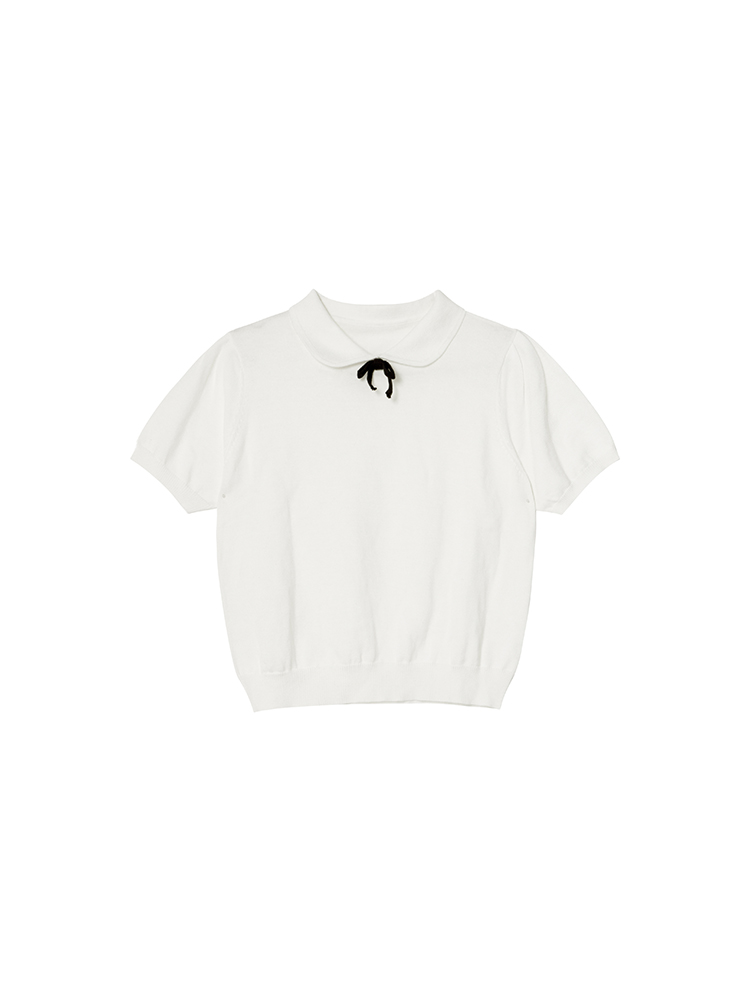 Women's Doll Collar Bow Short-Sleeve Knitted Top - Loose Fit Spring/Summer 2025, Cute and Simple Style Women's Doll Collar Bow Short-Sleeve Knitted Top - Loose Fit Spring/Summer 2025, Cute and Simple Style