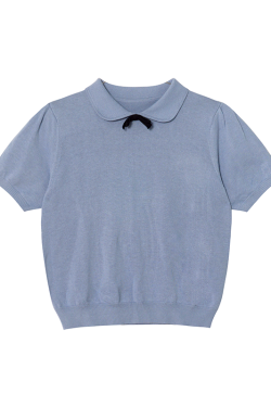 Women's Doll Collar Bow Short-Sleeve Knitted Top - Loose Fit Spring/Summer 2025, Cute and Simple Style