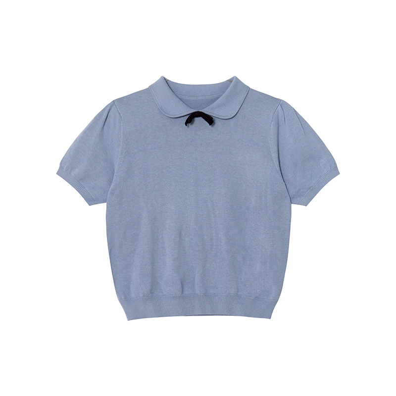 Women's Doll Collar Bow Short-Sleeve Knitted Top - Loose Fit Spring/Summer 2025, Cute and Simple Style Women's Doll Collar Bow Short-Sleeve Knitted Top - Loose Fit Spring/Summer 2025, Cute and Simple Style