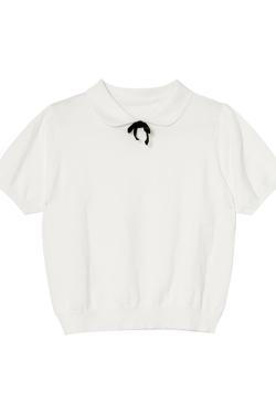 Women's Doll Collar Bow Short-Sleeve Knitted Top - Loose Fit Spring/Summer 2025, Cute and Simple Style