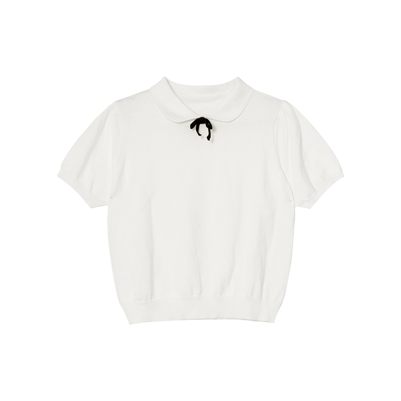 Women's Doll Collar Bow Short-Sleeve Knitted Top - Loose Fit Spring/Summer 2025, Cute and Simple Style Women's Doll Collar Bow Short-Sleeve Knitted Top - Loose Fit Spring/Summer 2025, Cute and Simple Style