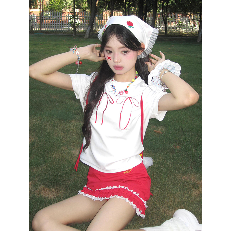 Women's Fitted Bow Tie Print T-Shirt - Sweet and Spicy Short Sleeve Top, Summer Style, Pure Cotton, Slimming Fit Women's Fitted Bow Tie Print T-Shirt - Sweet and Spicy Short Sleeve Top, Summer Style, Pure Cotton, Slimming Fit