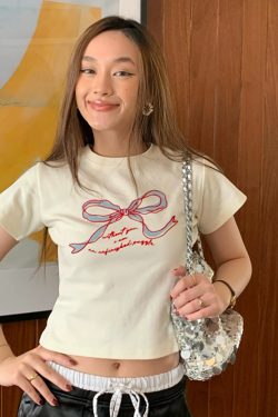 Women's Fitted Short Sleeve Bow Tie T-Shirt in Heavyweight Pure Cotton - Korean Style Age-Reducing Fashion Top