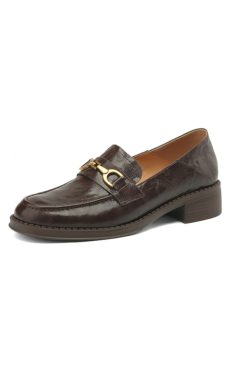 Women's Flat Loafers with Metal Buckle - Small Sheepskin Round Toe Slip-On Shoes in British Style for Spring/Summer