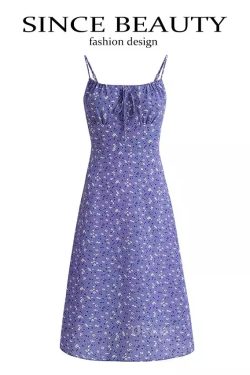 Women's Floral Spaghetti Strap Dress - French Style Long Purple Summer Dress for Vacation 2025 Temperament