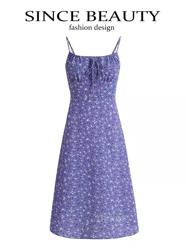 Women's Floral Spaghetti Strap Dress - French Style Long Purple Summer Dress for Vacation 2025 Temperament Women's Floral Spaghetti Strap Dress - French Style Long Purple Summer Dress for Vacation 2025 Temperament