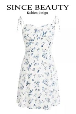 Women's Floral Spaghetti Strap Short Dress - French Style Vacation Dress for Summer 2025 in White - Small Size