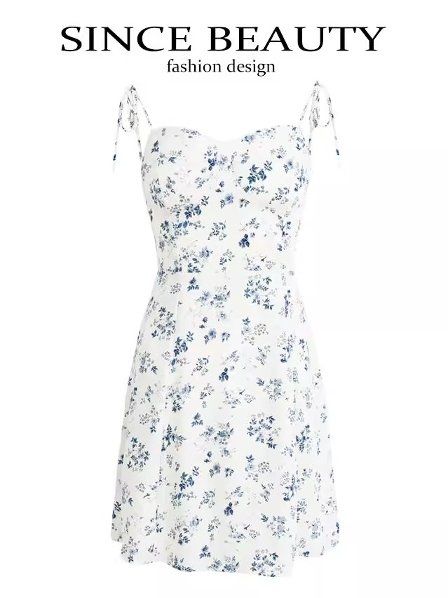 Women's Floral Spaghetti Strap Short Dress - French Style Vacation Dress for Summer 2025 in White - Small Size Women's Floral Spaghetti Strap Short Dress - French Style Vacation Dress for Summer 2025 in White - Small Size