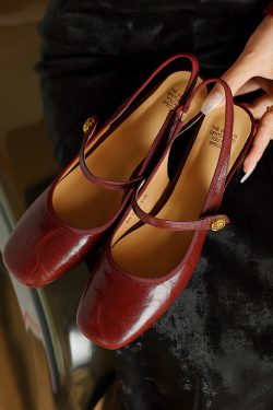 Women’s French Retro Genuine Leather Open-Toe Sandals with Mid-Thick Heels, Backless Mary Jane Style, Vintage Chic Footwear