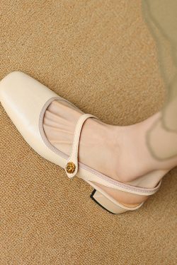 Women’s French Retro Genuine Leather Open-Toe Sandals with Mid-Thick Heels, Backless Mary Jane Style, Vintage Chic Footwear