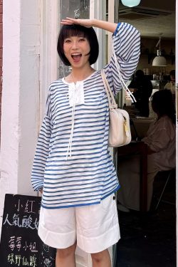 Women's French Striped Long Sleeve T-Shirt - 2025 Summer Lazy Style Sun Protection Cover-Up, Loose Casual Versatile Top