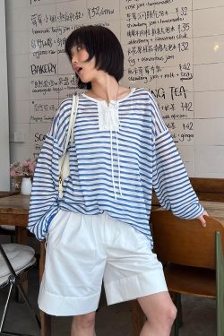 Women's French Striped Long Sleeve T-Shirt - 2025 Summer Lazy Style Sun Protection Cover-Up, Loose Casual Versatile Top